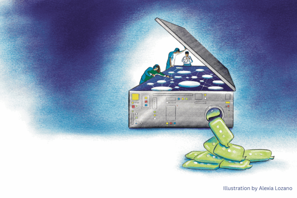 An illustration by Alexia Lozano of three people working on a server system that outputs green speech bubbles.